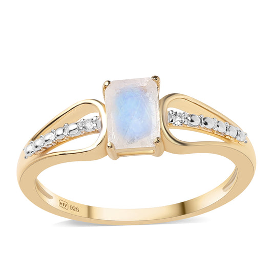 Anillo de Plata Bañada en Oro con Piedra de Luna de arcoiris AA y Topacio Blanco