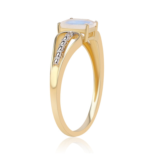 Anillo de Plata Bañada en Oro con Piedra de Luna de arcoiris AA y Topacio Blanco