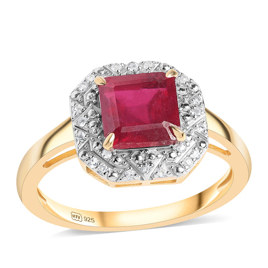 Anillo de Plata Bañada en Oro con Rubí de Mozambique y Topacio Blanco