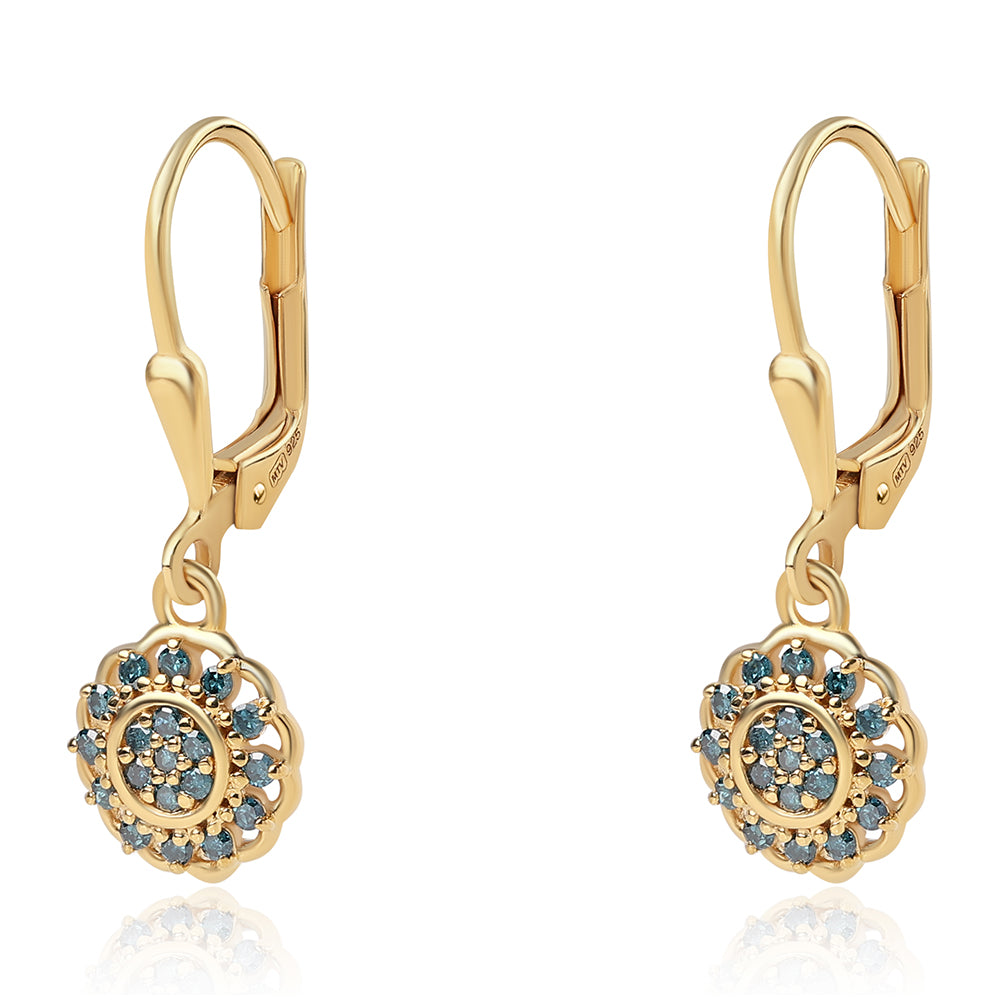 Pendientes de Plata Bañada en Oro con Diamante Azul