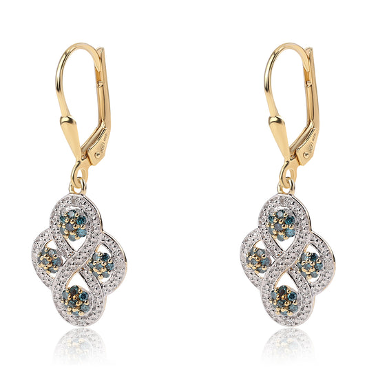 Pendientes de Plata Bañada en Oro con Diamante Azul y Diamante blanco