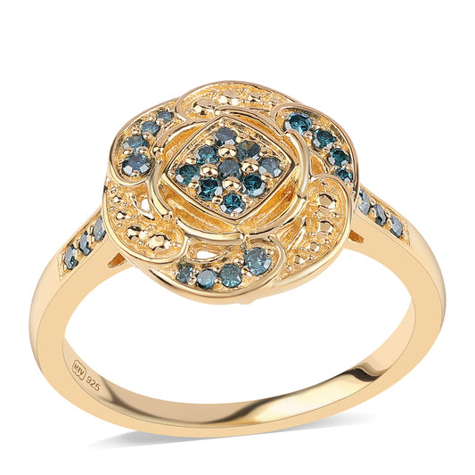 Anillo de Plata Bañada en Oro con Diamante Azul