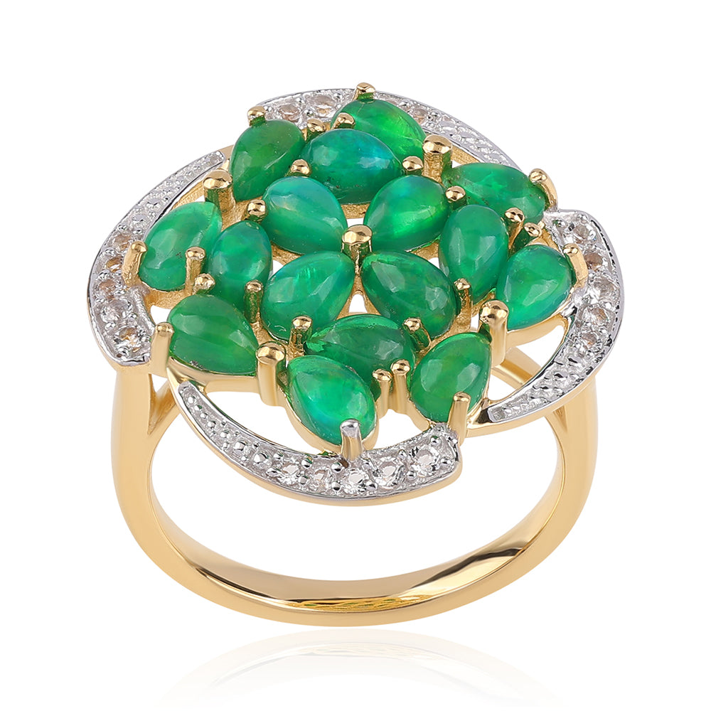 Anillo de Plata Bañada en Oro con Ópalo Verde Etíope de Lega Dembi y Topacio Blanco