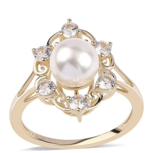 Anillo de Oro 9K con Perla blanca de agua dulce y Zircón Blanco