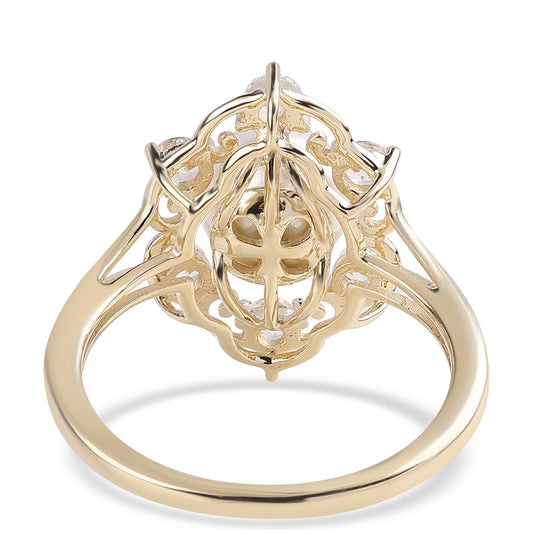 Anillo de Oro 9K con Perla blanca de agua dulce y Zircón Blanco