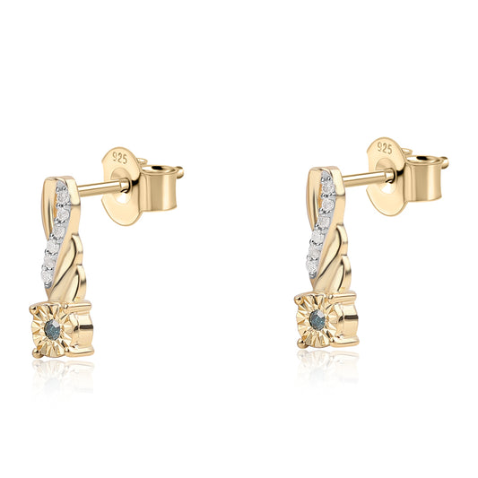 Pendientes de Plata Bañada en Oro con Diamante Azul y Diamante blanco