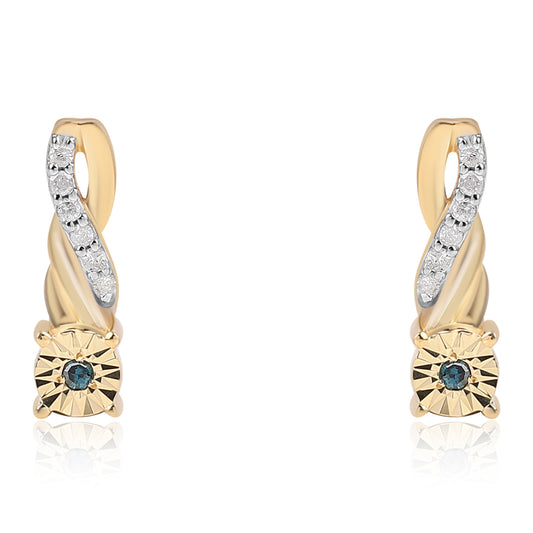 Pendientes de Plata Bañada en Oro con Diamante Azul y Diamante blanco