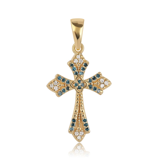Cruz Colgante de Plata Bañada en Oro con Diamante Azul y Diamante blanco