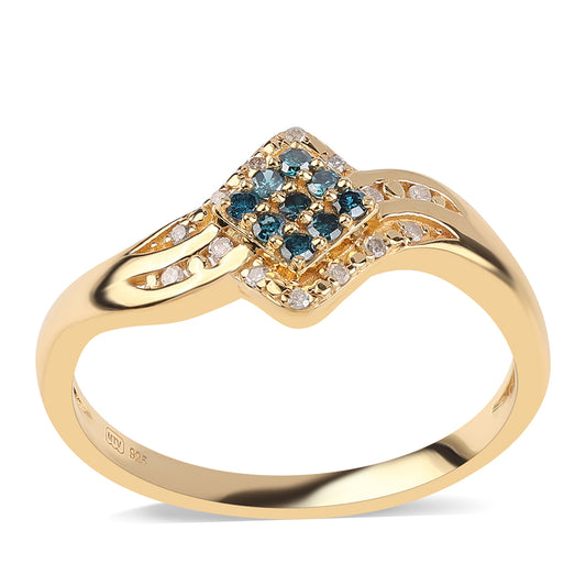Anillo de Plata Bañada en Oro con Diamante Azul y Diamante blanco
