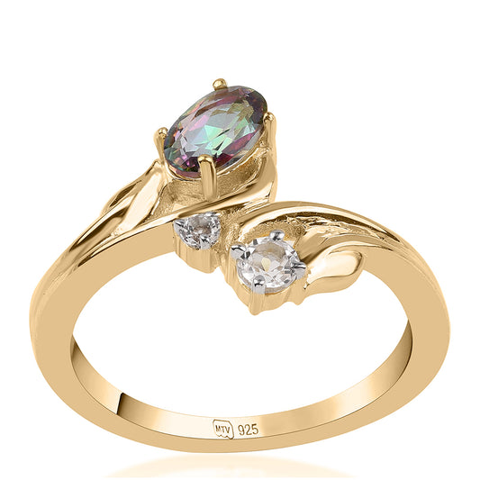 Anillo de Plata Bañada en Oro con Topacio Místico y Topacio Blanco