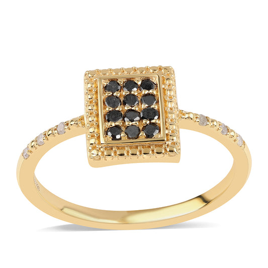 Anillo de Plata Bañada en Oro con Diamante Negro y Diamante blanco