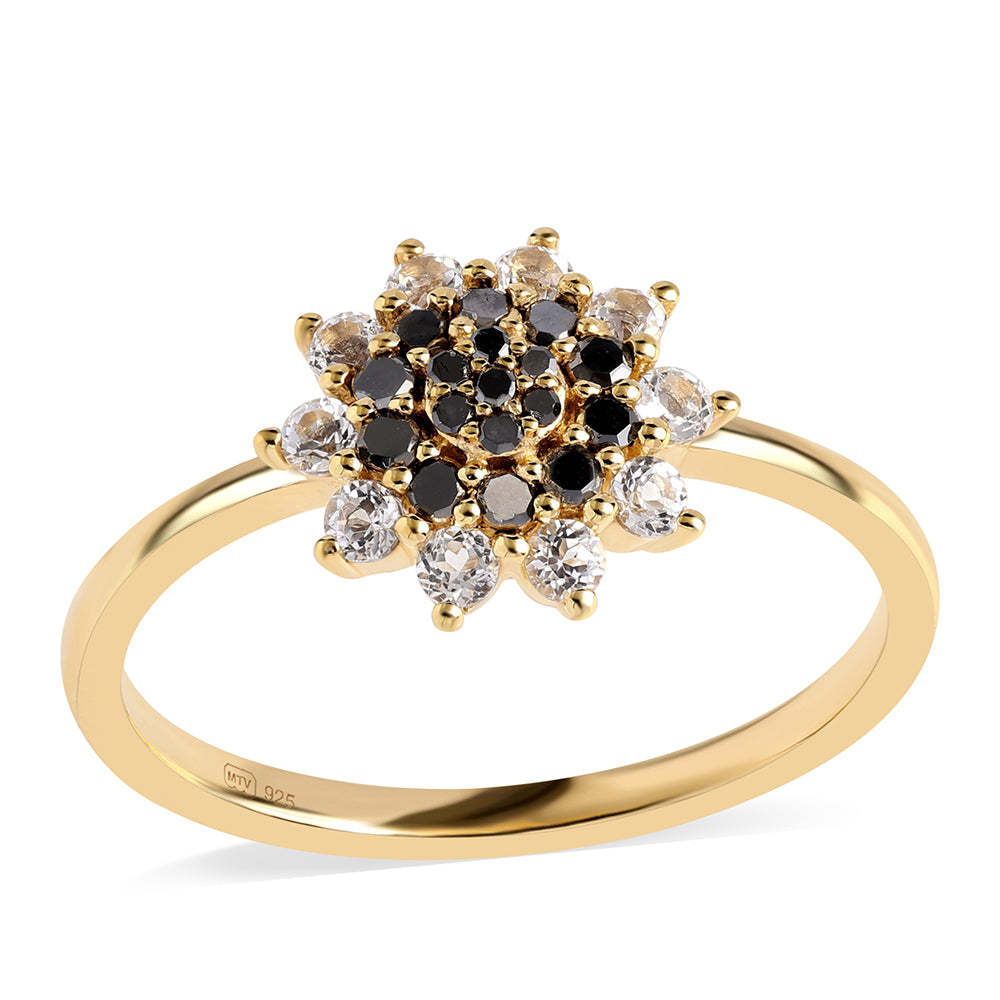 Anillo de Plata Bañada en Oro con Diamante Negro y Topacio Blanco 1 