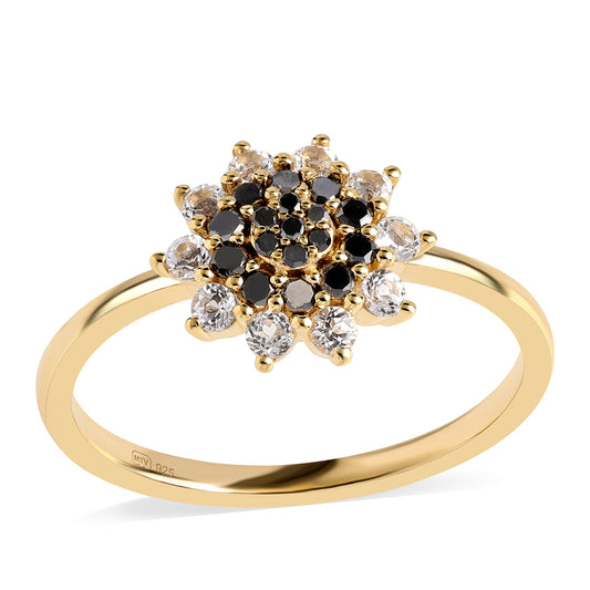 Anillo de Plata Bañada en Oro con Diamante Negro y Topacio Blanco