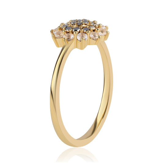 Anillo de Plata Bañada en Oro con Diamante Negro y Topacio Blanco