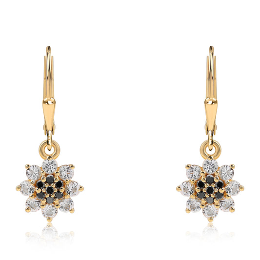 Pendientes de Plata Bañada en Oro con Diamante Negro y Topacio Blanco