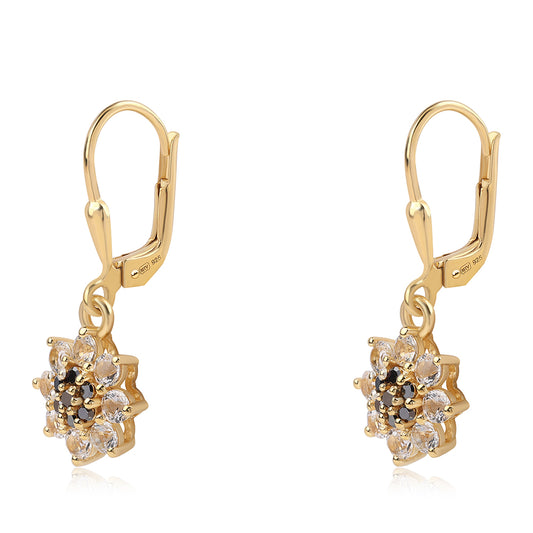 Pendientes de Plata Bañada en Oro con Diamante Negro y Topacio Blanco