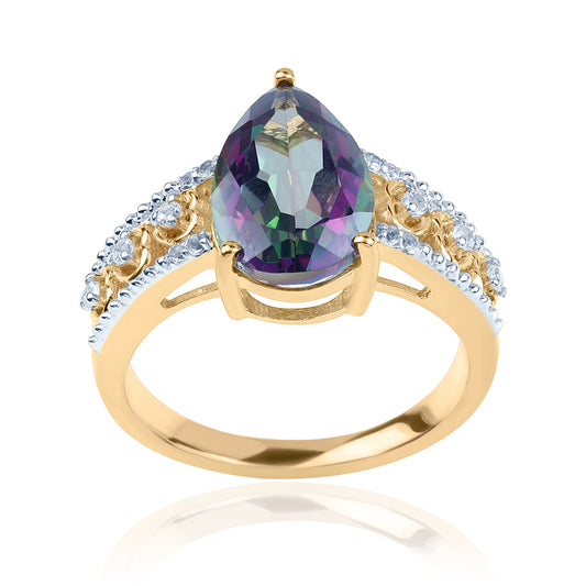 Anillo de Plata Bañada en Oro con Topacio Místico y Topacio Blanco