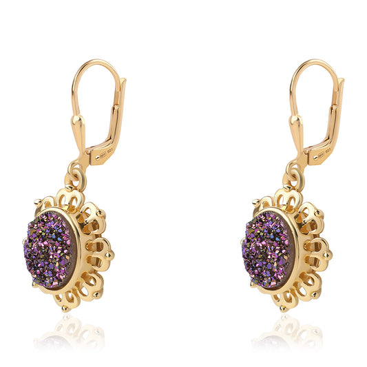 Pendientes de Plata Bañada en Oro con Drusa Purpura