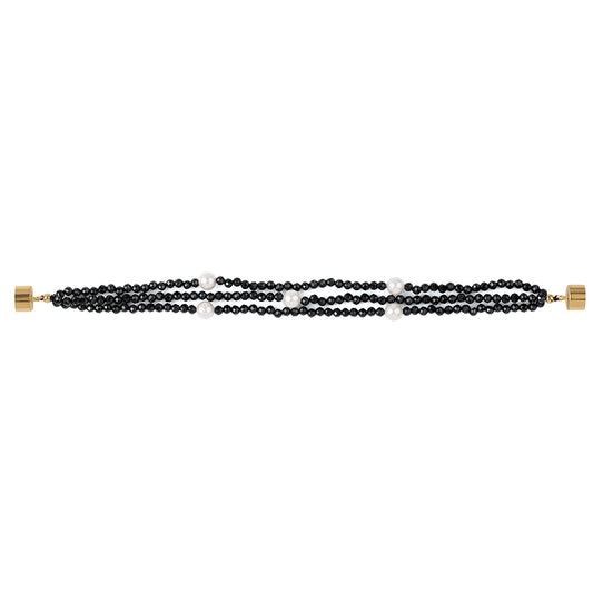 Pulsera de Plata Bañada en Oro con Espinela Negra y Perla blanca de agua dulce