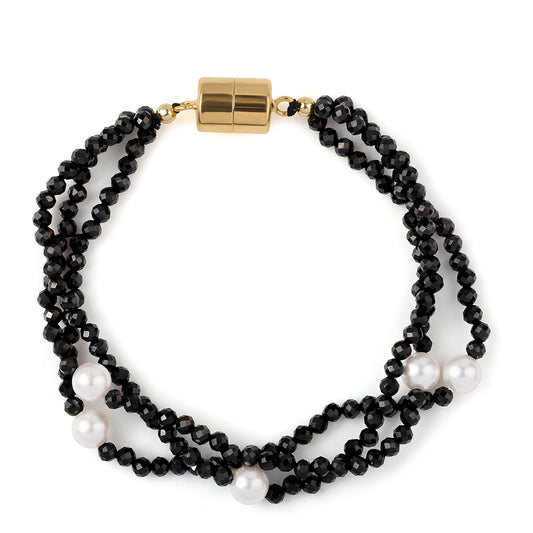 Pulsera de Plata Bañada en Oro con Espinela Negra y Perla blanca de agua dulce