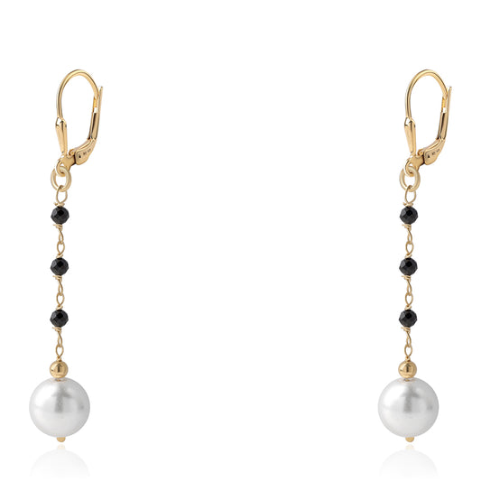 Pendientes de Plata Bañada en Oro con Espinela Negra y Perla blanca de agua dulce