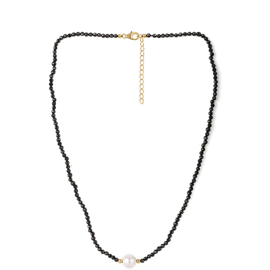 Collar de Plata Bañada en Oro con Espinela Negra y Perla blanca de agua dulce