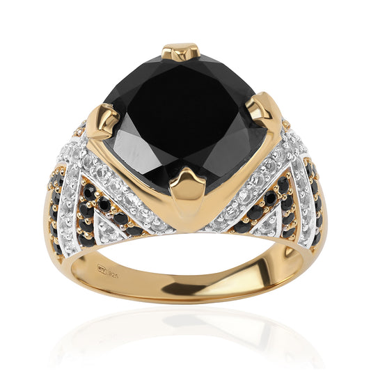 Anillo de Plata Bañada en Oro con Espinela Negra y Topacio Blanco