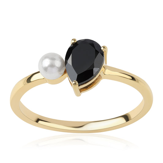 Anillo de Plata Bañada en Oro con Espinela Negra y Perla blanca de agua dulce