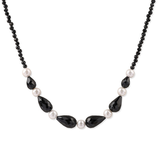 Collar de Plata Bañada en Oro con Espinela Negra y Perla blanca de agua dulce