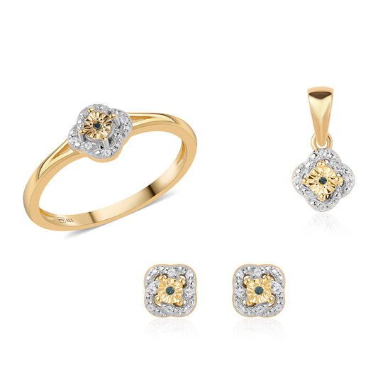Conjunto de Plata Bañada en Oro con Diamante Azul y Topacio Blanco ( Pendientes +Anillo +Colgante )