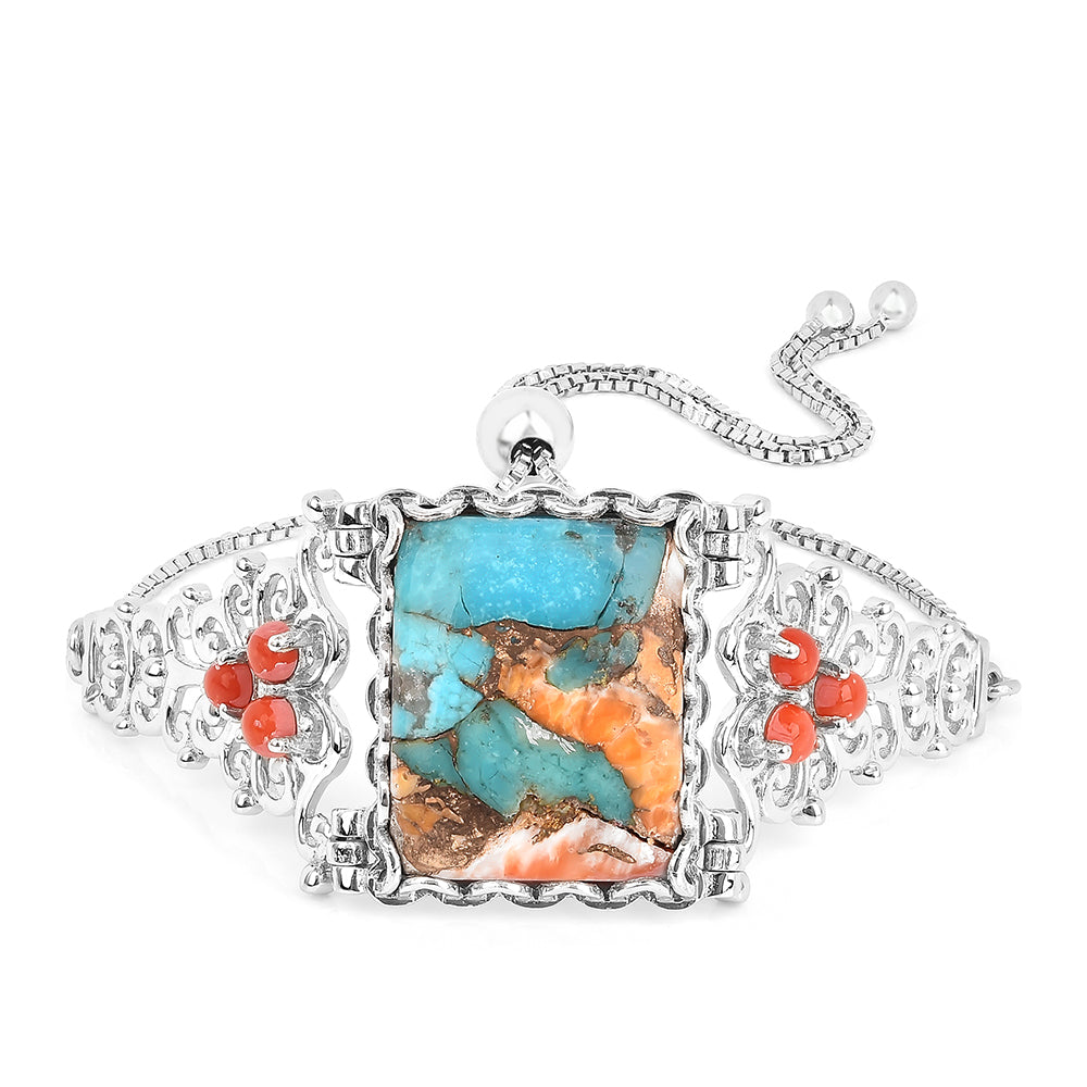 Pulsera de Plata con Turquesa Ostra y Coral Rojo 1 