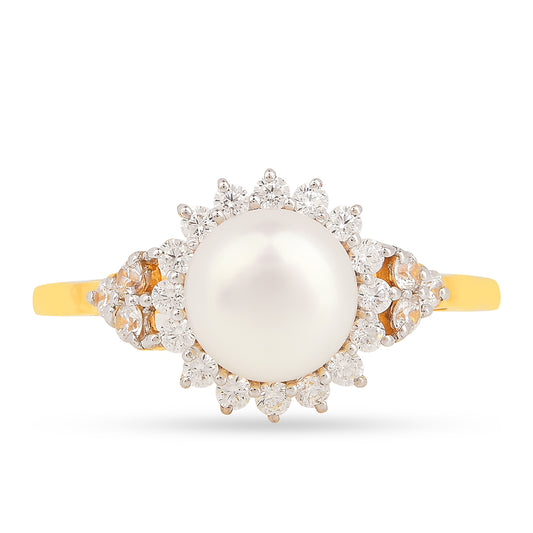 Anillo de Plata Bañada en Oro con Perla de Agua Dulce Crema y Zircón Blanco