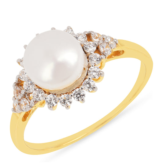 Anillo de Plata Bañada en Oro con Perla de Agua Dulce Crema y Zircón Blanco
