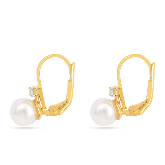 Pendientes de Plata Bañada en Oro con Perla de Agua Dulce Crema y Zircón Blanco