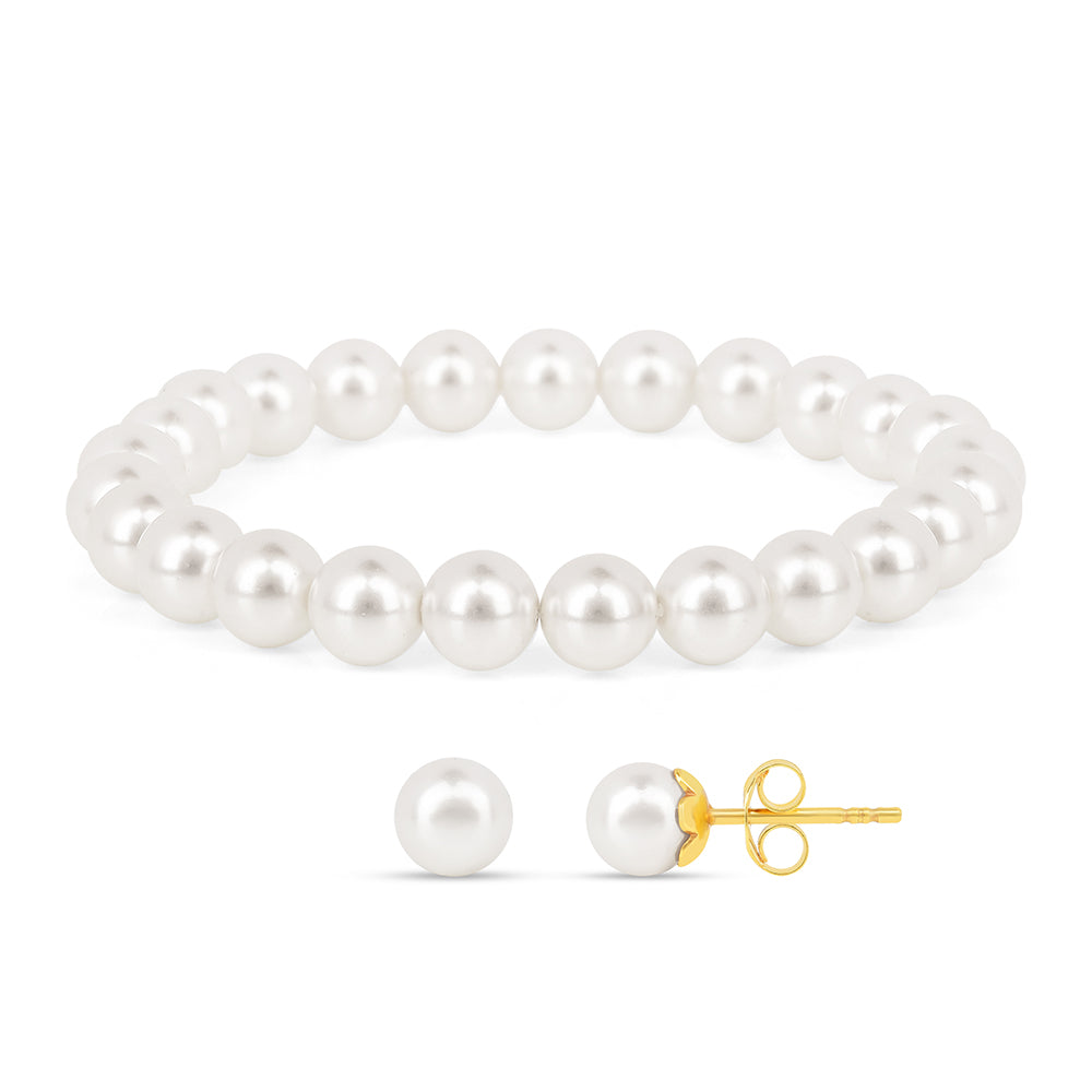Conjunto de Plata Bañada en Oro con Perla de Agua Dulce Crema ( Pendientes +Pulsera ) 1 