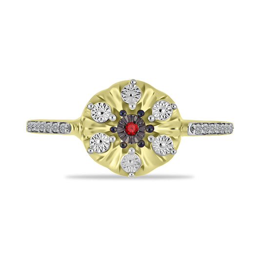 Anillo de Plata Bañada en Oro con Diamante Rojo y Zircón Blanco