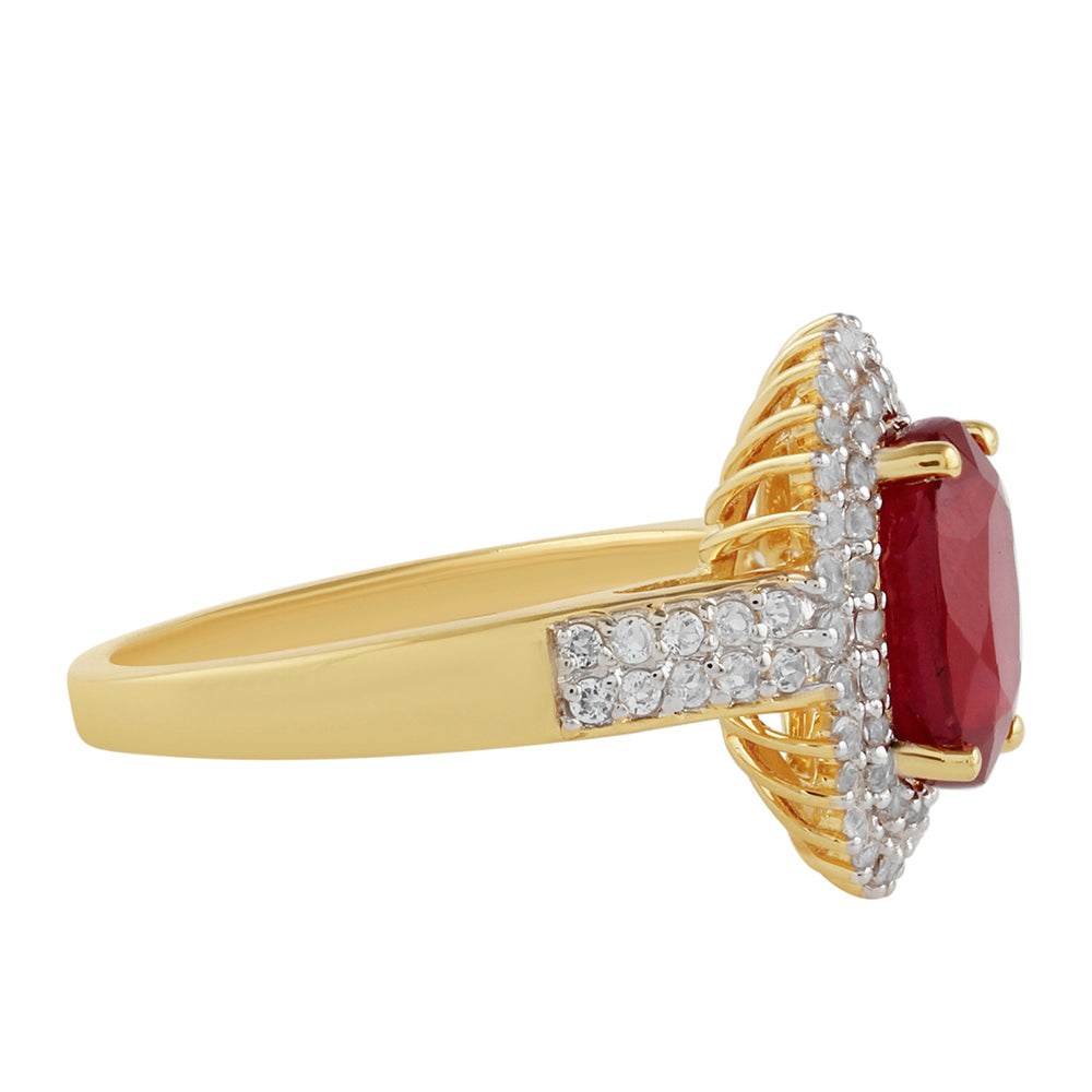 Anillo de Plata Bañada en Oro con Rubí de Tailandia y Topacio Blanco 2 