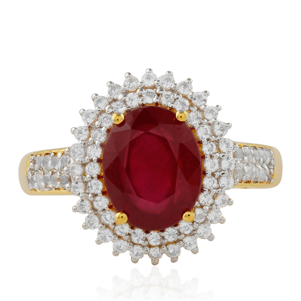 Anillo de Plata Bañada en Oro con Rubí de Tailandia y Topacio Blanco 1 