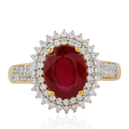 Anillo de Plata Bañada en Oro con Rubí de Tailandia y Topacio Blanco