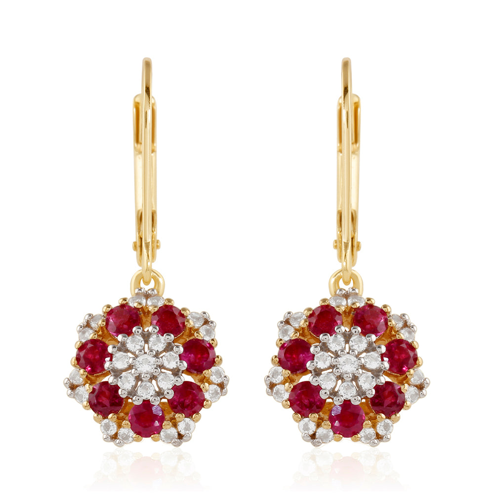 Pendientes de Plata Bañada en Oro con Rubí de Tailandia y Topacio Blanco 1 