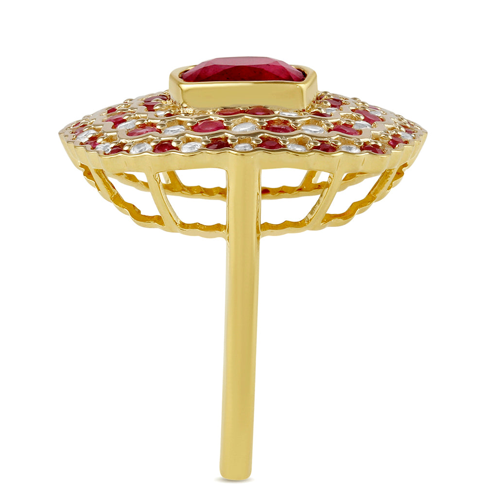 Anillo de Plata Bañada en Oro con Rubí de Tailandia y Topacio Blanco