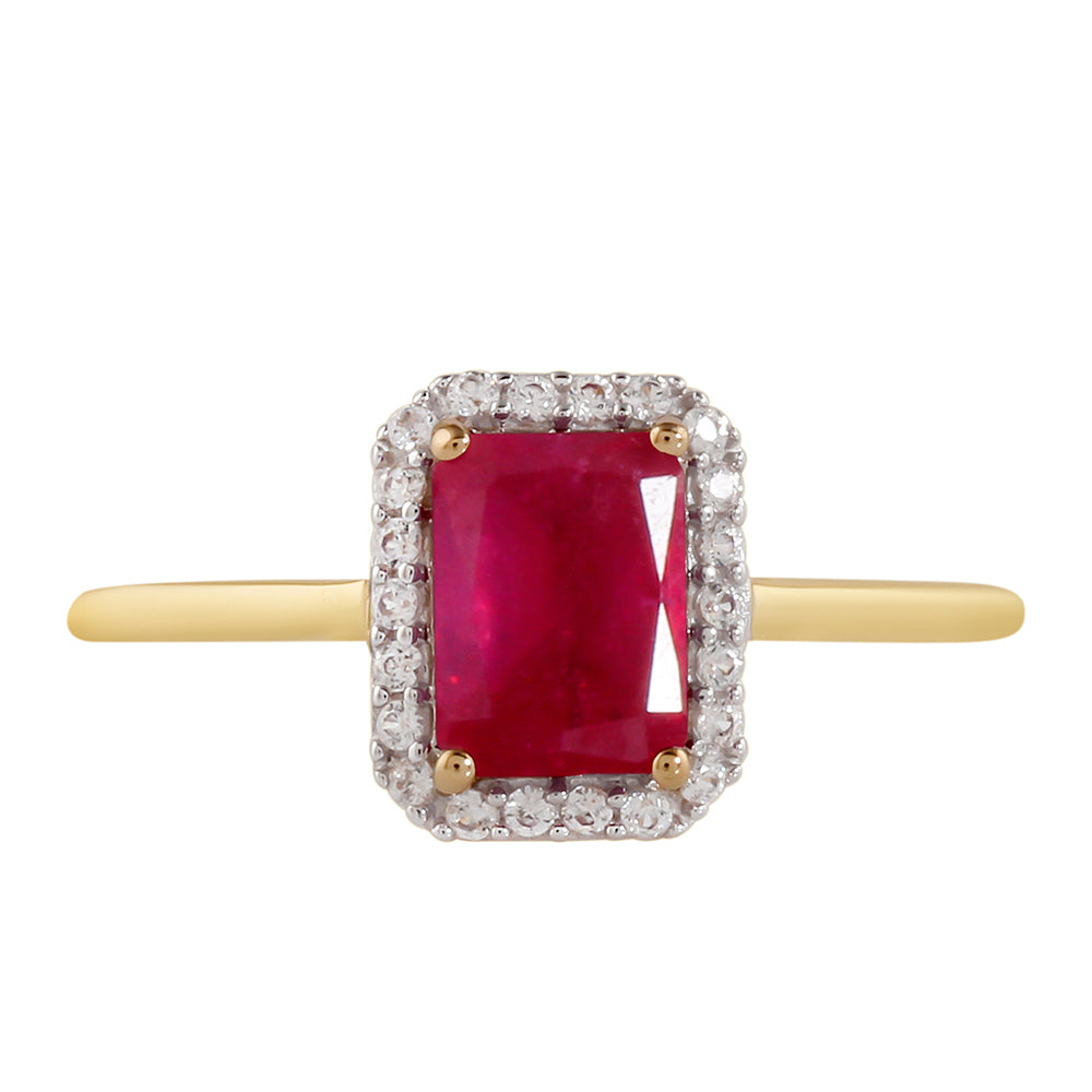 Anillo de Plata Bañada en Oro con Rubí de Tailandia y Topacio Blanco 1 