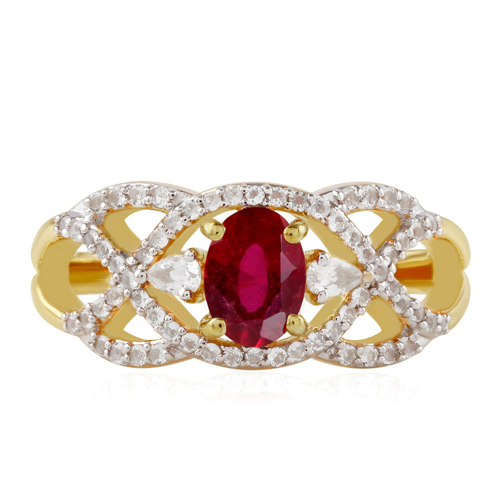 Anillo de Plata Bañada en Oro con Rubí de Tailandia y Topacio Blanco 1 
