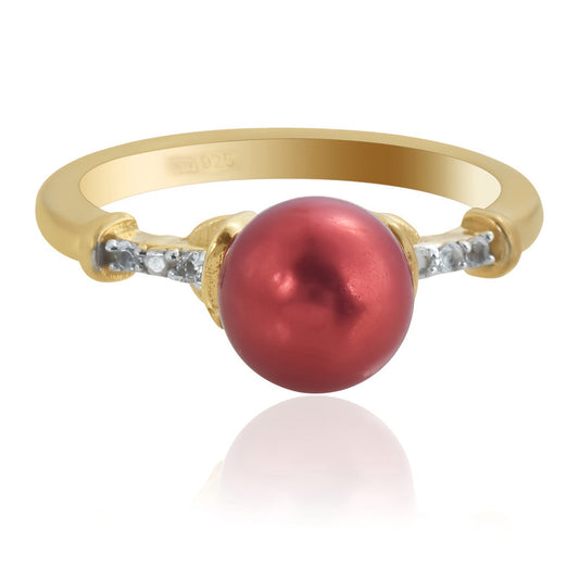 Anillo de Plata Bañada en Oro con Perla roja de río y Topacio Blanco