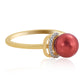 Anillo de Plata Bañada en Oro con Perla roja de río y Topacio Blanco