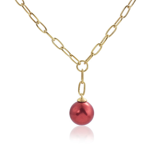 Collar de Plata Bañada en Oro con Perla roja de río
