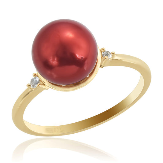Anillo de Plata Bañada en Oro con Perla roja de río y Topacio Blanco