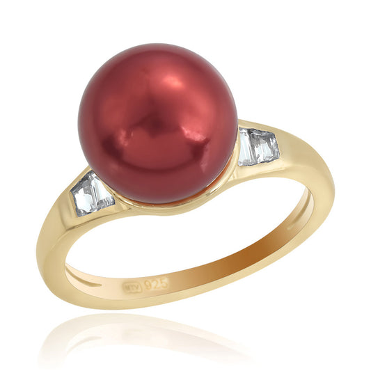 Anillo de Plata Bañada en Oro con Perla roja de río y Topacio Blanco