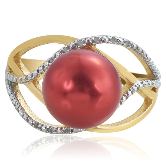Anillo de Plata Bañada en Oro con Perla roja de río y Topacio Blanco