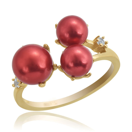 Anillo de Plata Bañada en Oro con Perla roja de río y Topacio Blanco